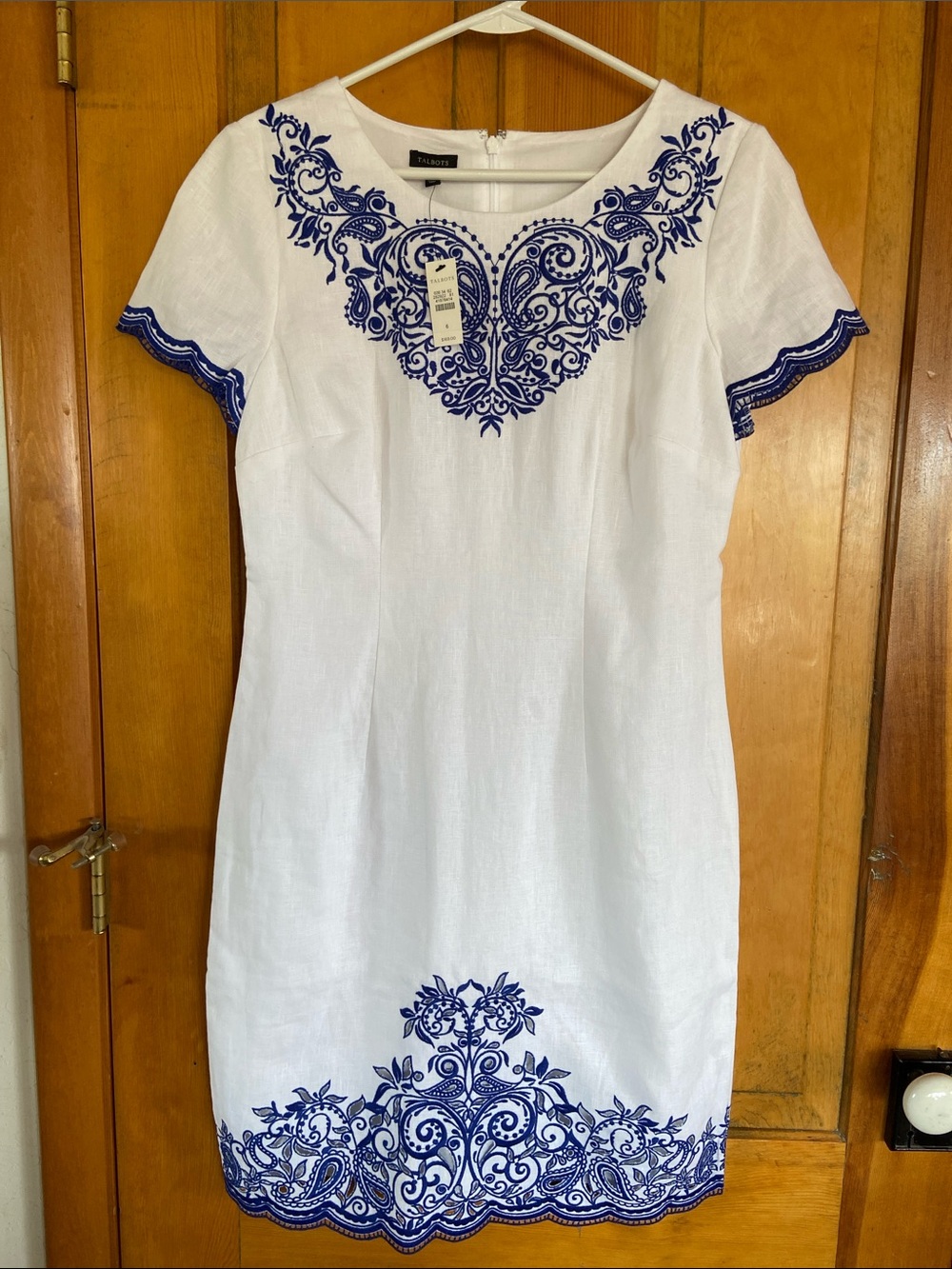 Talbots Linen White Midi Dress with Brilliant Blue Embroidery